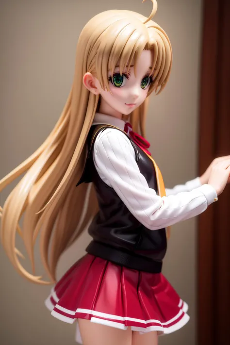 pvc style,asiaargento, <lora:asia argento anime s1-lora-nochekaiser:1>,
asia argento, long hair, blonde hair, (green eyes:1.3), (parted bangs:1.5), ahoge, smile, (small breasts:1.2),
BREAK skirt, shirt, long sleeves, ribbon, school uniform, pleated skirt, ...