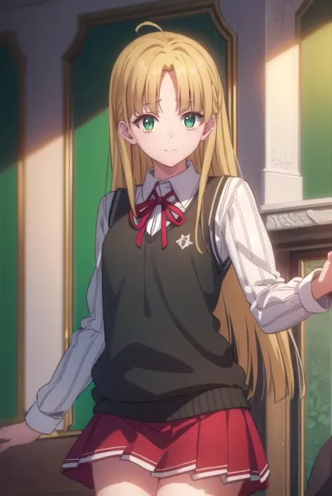 asiaargento, <lora:asia argento anime s1-lora-nochekaiser:1>,
asia argento, long hair, blonde hair, (green eyes:1.3), (parted bangs:1.5), ahoge, smile, (small breasts:1.2),
BREAK skirt, shirt, long sleeves, ribbon, school uniform, pleated skirt, vest, red ...