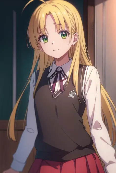 asiaargento, <lora:asia argento anime s1-lora-nochekaiser:1>,
asia argento, long hair, blonde hair, (green eyes:1.3), (parted bangs:1.5), ahoge, smile, (small breasts:1.2),
BREAK skirt, shirt, long sleeves, ribbon, school uniform, pleated skirt, vest, red ...