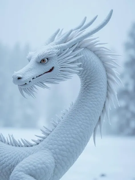 [snowflake:chinese dragon:25] is floating in the snowy sky