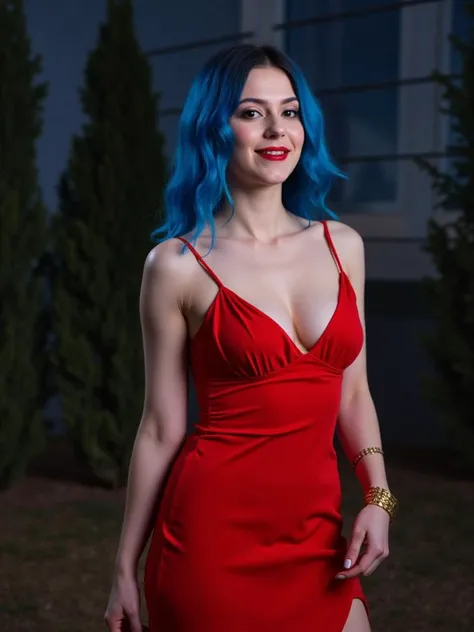 extremely specific 4k photograph of a woman with chanel blue hair, eyes black, seductive look and soft smile, red lipstick on th...