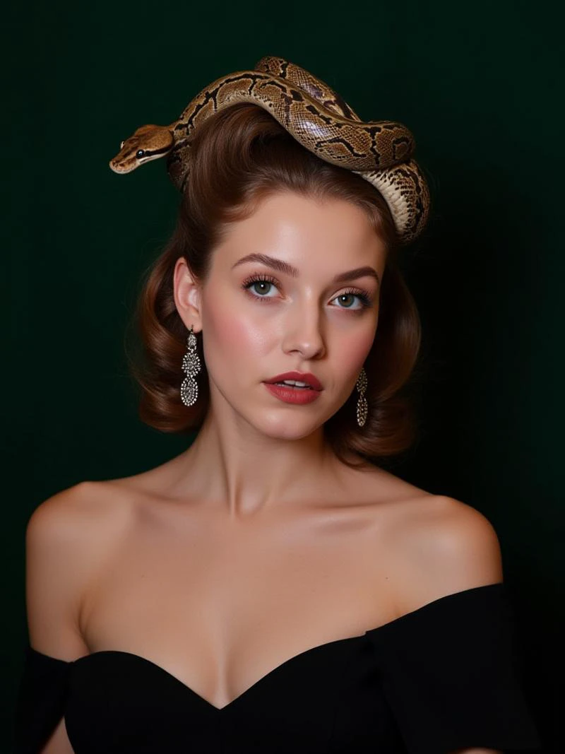 a portrait of a young woman with a python coiled around her head like a crown. she wears a black off-the-shoulder dress and silv...