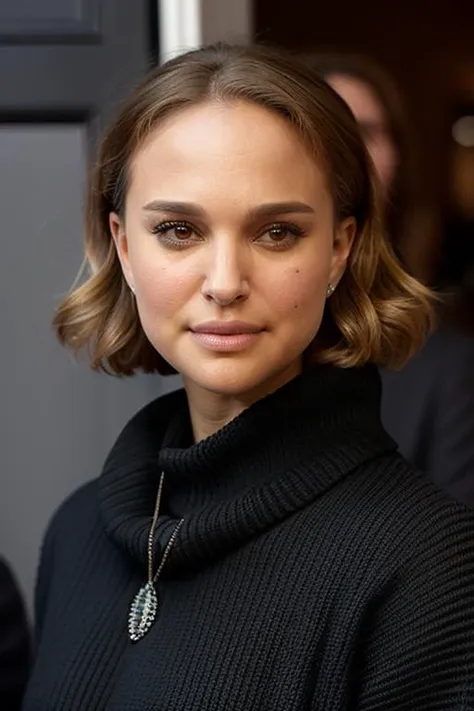 a woman with a necklace and a black sweater is standing in front of a crowd