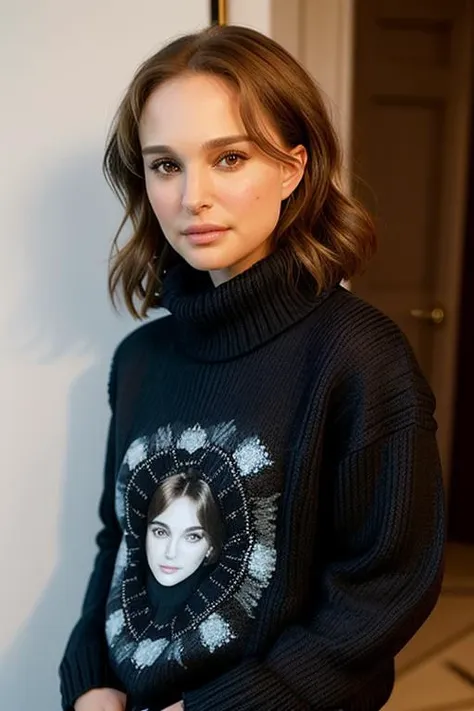 a close up of a woman wearing a sweater with a picture of a woman on it