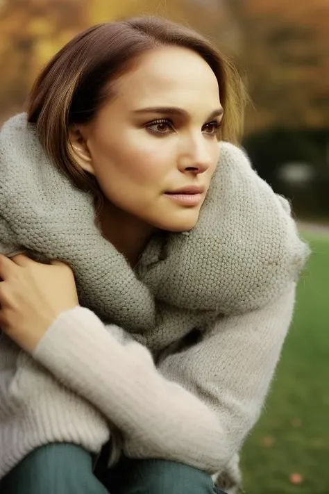 a woman sitting on a bench wearing a scarf and a sweater