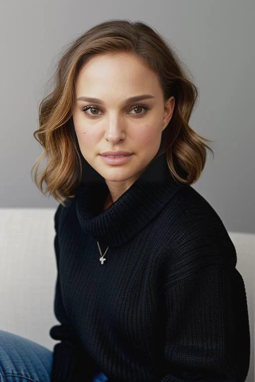 natalie ratee in a black sweater and jeans sitting on a white couch