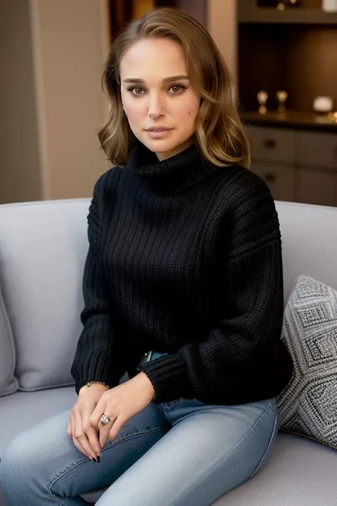 a woman sitting on a couch wearing a black sweater and jeans