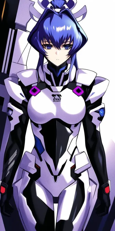 a woman in a futuristic suit with a purple and black hair