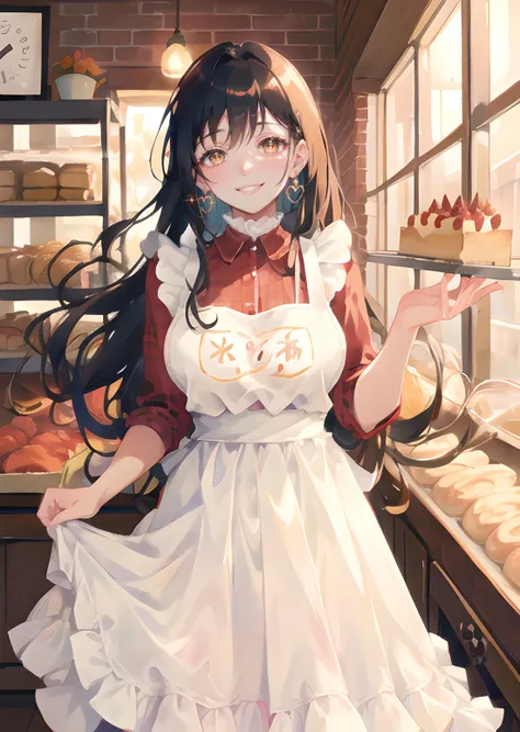 anime girl in a bakery holding a tray of pastries