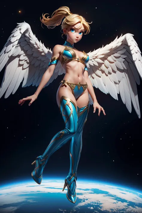 cute adorable innocent angel girl, symmetry, facing the camera, (full body shot:1.2), (white angel wings, flying, floating:1.2), blue eyes, (disney pixar style:1.2), (blonde ponytail:1.1), huge breasts, sexy gold bikini armor, perfect hands, revealing blue...