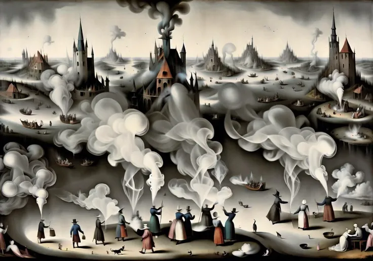 <lora:Smoke_XL:1> landscape of people in the form of smoke_xl in the style of Hieronymus Bosch