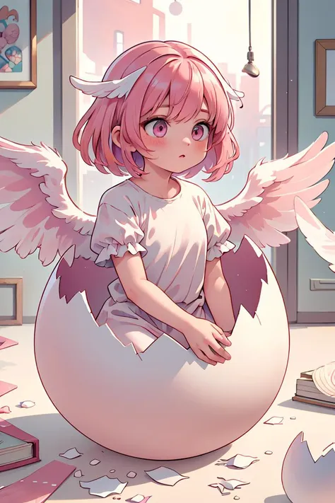 anime girl sitting in an egg with wings on her head