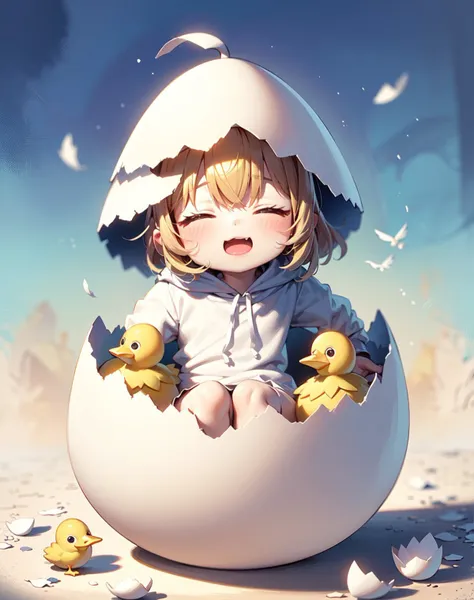 anime girl sitting in an egg with chicks