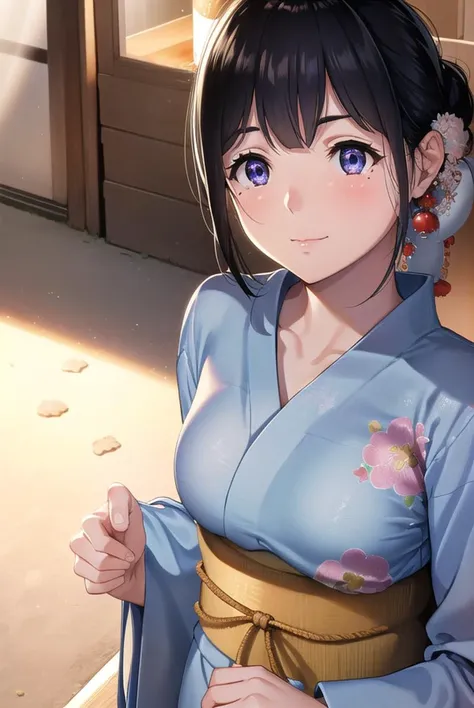 natsutojun, <lyco:natsutojun-lyco-nochekaiser:1>,
natsu to jun, short hair, bangs, hair ornament, mole, mole under eye, swept bangs, black hair, (purple eyes:1.1), smile,
BREAK long sleeves, japanese clothes, kimono, sash, obi, floral print,
BREAK outdoors...