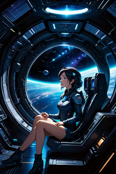 Woman sitting inside a spaceship, looking at the outside, deep black space, night scene, highly detailed