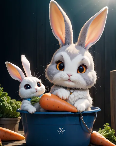 chibi, ((2rabbit with hybrid cute cat head)) sitting on a bucket pondering his happy life,  is fighting over the carrot, masterpiece, best quality, highly detailed, sharp focus, dynamic lighting, vivid colors, texture detail, particle effects, storytelling...