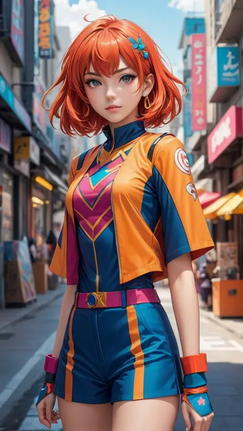 A young woman, dressed in vibrant anime-inspired clothing, stands confidently in a bustling urban environment. Her costume is a colorful fusion of comic book and anime aesthetics, with bold patterns and vivid hues that demand attention. She exudes an aura ...