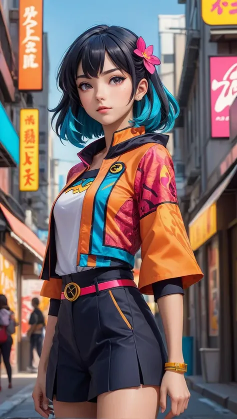 A young woman, dressed in vibrant anime-inspired clothing, stands confidently in a bustling urban environment. Her costume is a colorful fusion of comic book and anime aesthetics, with bold patterns and vivid hues that demand attention. She exudes an aura ...