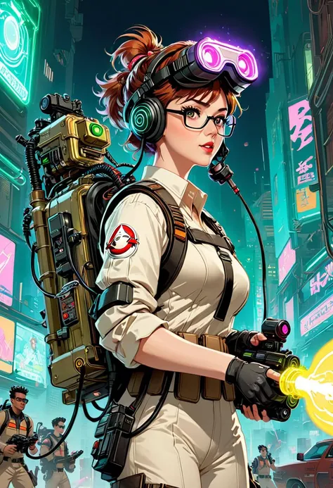 Anime artwork. Ghost Busters,  firing Spenglerâs Proton Pack,  wearing VR helmet,  cyberpunk 2077 cityscapes,  art by J.C. Leyendecker