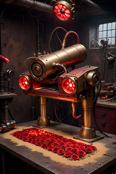 sinister device in the basement, (a lot of Red LEDs:1.4) and gold metal, (dirt:1.2), (dust:1.4), mechanics, morning, (roses pattern:1.2), dark background, steampunk, (cutting table:1.2), steampunk style