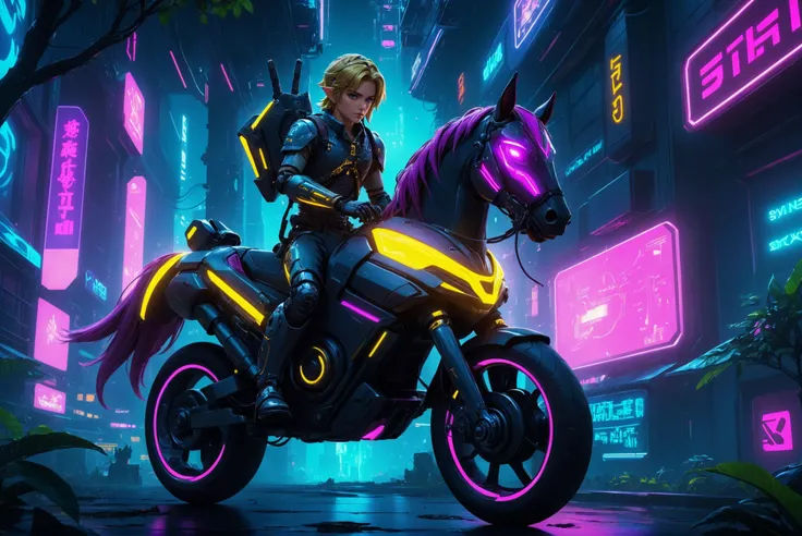 breathtaking concept art cybernetic robot cybernetic style biomechanical style neonpunk style cyberpunk game style 1boy, (link:1.5), male focus, legend of zelda, breath of the wild, on a mechanical horse-motorcycle, (wearing futuristic glowing core cyberne...