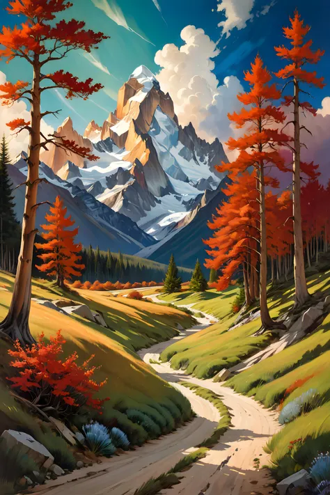 painting by sargent and rhads and leyendecker and greg hildebrandt evening sky, low thunder clouds foothpath with trees at indian summer with zugspitze fitz roy in background, colours green, red, blue black and white, acuarela