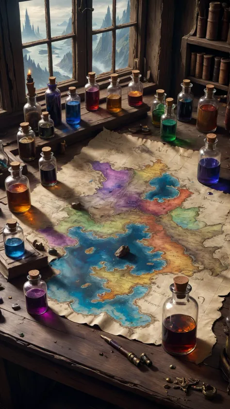 a magical map leading to a mysterious land, torn and worn, sitting on a wizards desk, spilled multicolored ink, bottles,flasks, high quality, imagination, 8k, fantasy art