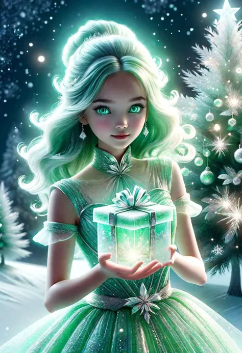 a girl in a green dress holding a present in front of a christmas tree