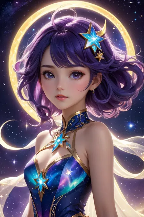 Create a captivating and vibrant anime character named Starlight,  a celestial being with a unique and mesmerizing appearance. Starlight should possess ethereal beauty,  a cosmic aura,  and radiate an otherworldly charm. Their attire should be an intricate...