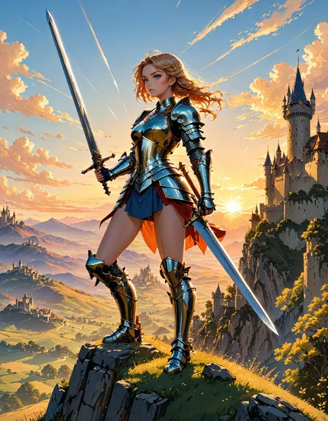 Young woman in medieval metal armor,  lifting a sword toward the sky,  near a faraway castle at sunset. overlooking a valley,  art by J.C. Leyendecker. Anime artwork,  anime style,  key visual,  vibrant,  studio anime,  highly detailed