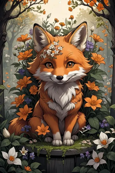 small adorable orange fox,  living in garden full of flowers,  cottagecore, 
2D comic illustration, 
anime fantasy, 
fine-inked Thick-outlines, 
cel-shaded, 
contour, 
mysterious, 
Dark, 
by alphonse mucha, 
Town of Salem 2, 
darkest dungeon, 
iratus:lord ...