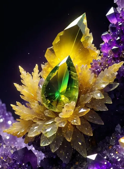 dark_yellow_prasiolite_amethyst_crystal, glowing, darkness_swirling, pulsating_energy, druzy crystals glittering, masterpiece, best quality, highly detailed, sharp focus, dynamic lighting, vivid colors, texture detail, particle effects, storytelling elemen...