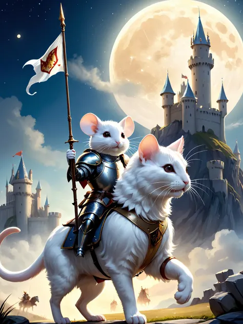 ethereal fantasy concept art of a miniature mouse dressed up like a knight with a helmet holding an army banner riding a large battle armored white [ horse : fluffy cat : 10], rearing majestic mount, castle in the background with a full moon in the sky beh...