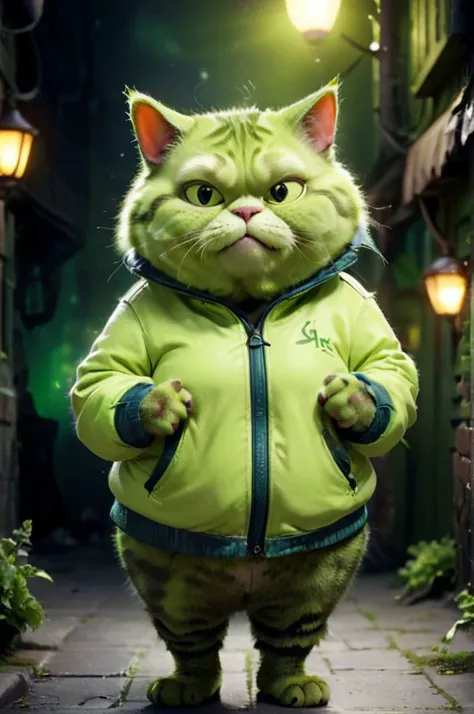 full body, ((real life photo of a curvy beautiful cat in jacket,fat cat, in the style of the cartoon Shrek)), (green color furry) ((glow)) hyper-detail, hyper-realism, cinematic, dark theme <lora:LowRA:0.55>,  action-packed background, (bokeh effect) <lora...