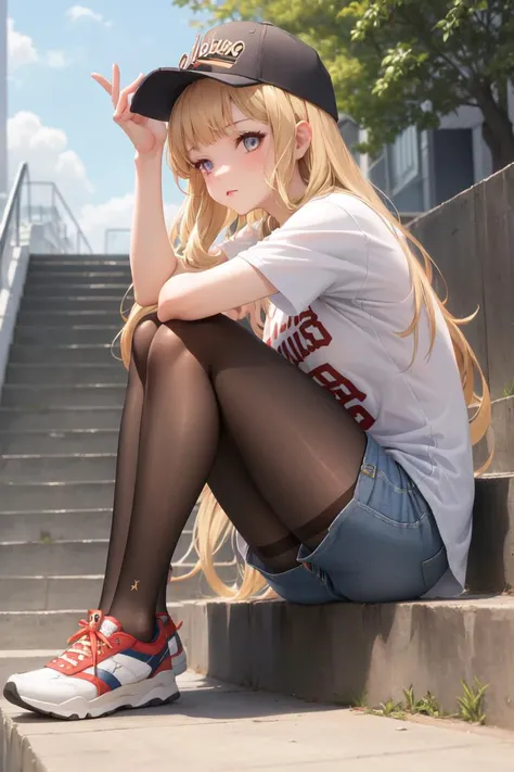 masterpiece, best quality, absurdres, perfect anatomy, 1girl, solo, cagliostro, long hair, baseball cap, t-shirt, denim shorts, ...