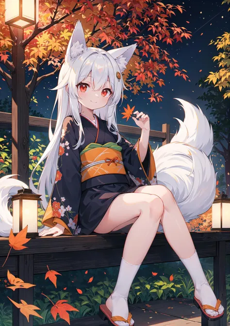 anime girl sitting on a bench with a cat tail