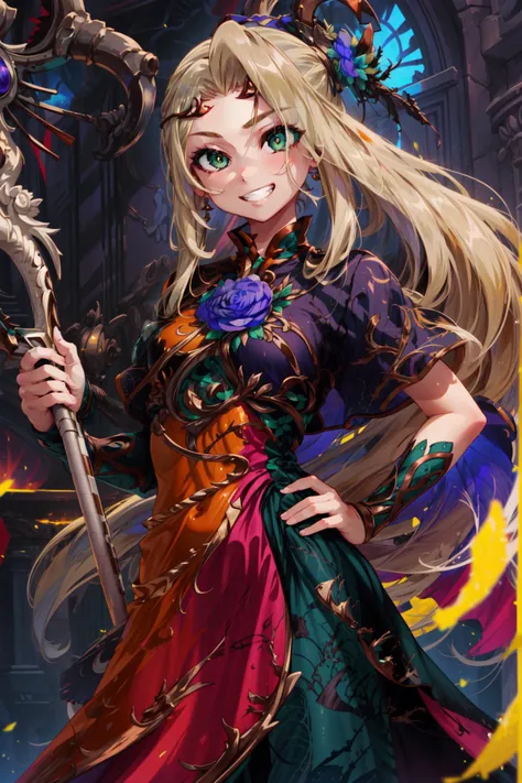 masterpiece,best quality,1girl,Viridiicarus,green eyes,blonde hair,dress,flower,staff,holding staff,one hand on own hip,grin,palace interior,<lora:Prueba1:0.7>,