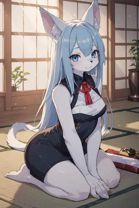 anime girl with blue hair sitting on the floor with a gift