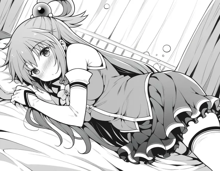 anime girl laying on bed with head on pillow in black and white