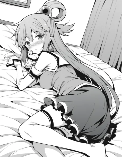 anime girl laying on bed with head on pillow in black and white