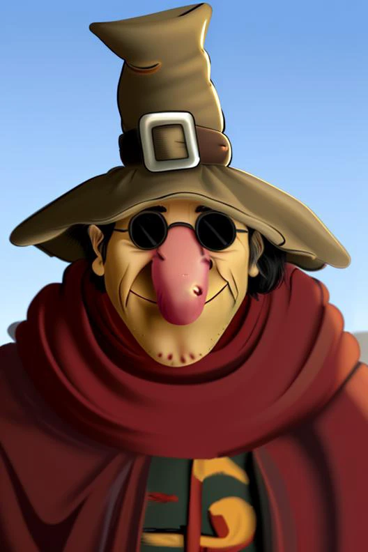 blindpew, upper body, man, hat, sunglasses, black hair, (witch hat:0.8), red scarf, (red nose:0.4), facial hair, parody, big nose,
<lora:blindpew:1>,