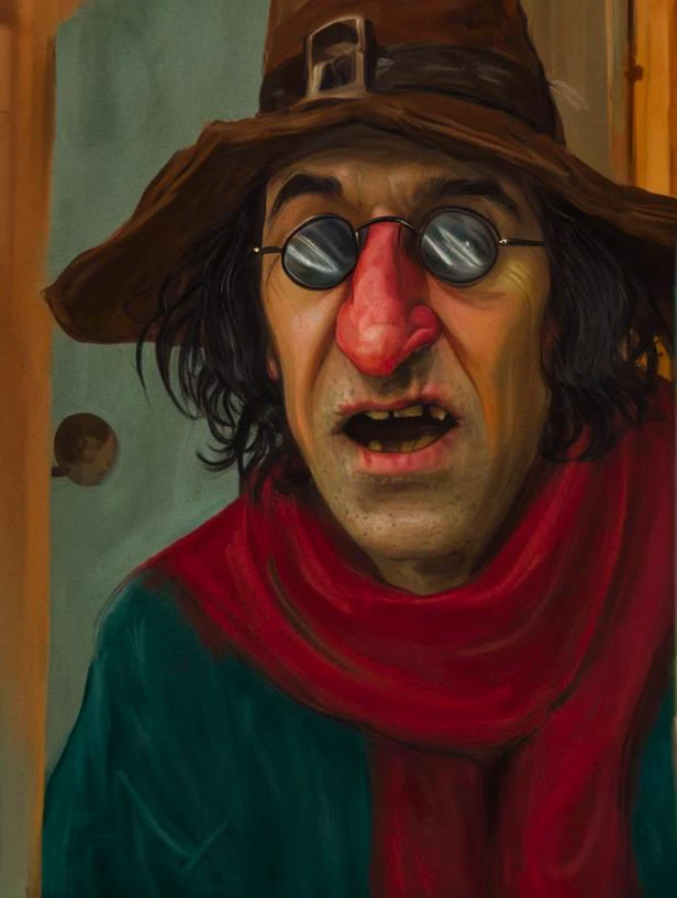 painting of a man with a hat and glasses on