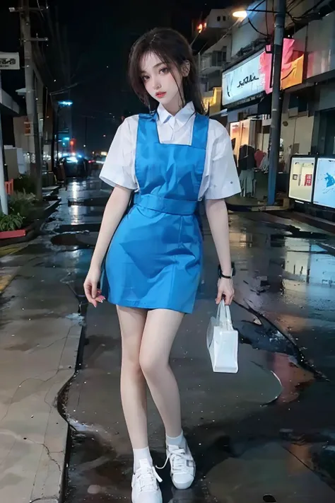 araffe wearing a blue dress and white shoes walking down a wet street