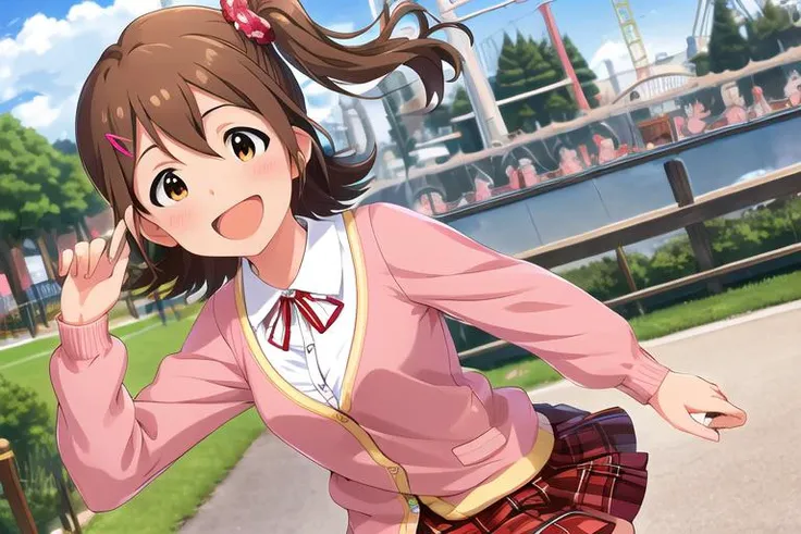 absurdres, highres, masterpiece, best quality,
<lora:Mirai_Kasuga:1.0>,mirai kasuga (million live), hairclip, hair scrunchie, 
<lora:GoodHands-vanilla:0.95>, good hands, perfect hands,
looking at viewer, blush, (red plaid skirt:1.1), (long sleeve pink card...