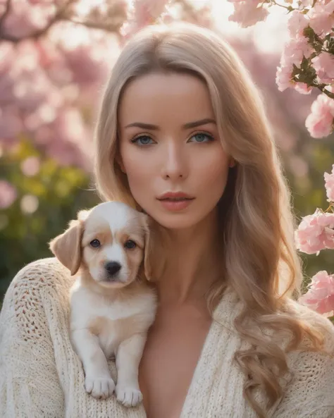 enokaeva, <lora:EnokaevaXL2:1>, professional photo shoot of an adult woman, wearing a (long sweater, subtle make-up, long hair), ((sitting in a beautiful blooming flower garden, cuddling a cute puppy)), spring, daylight, sunrise,, ((sharp face, detailed fa...