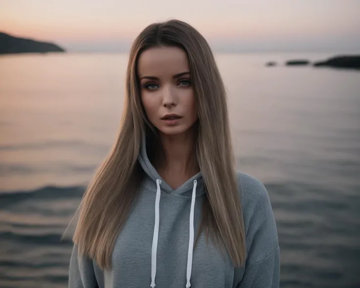 enokaeva, <lora:EnokaevaXL2:1>,woman,long hair,dark theme,soothing tones,muted colors,(sea, evening,sunset),oversized hoodie,, ((sharp face, detailed face, realistic face, naturtal skin, realistic skin, detailed skin, pores, detailed eyes,realistic eyes)),