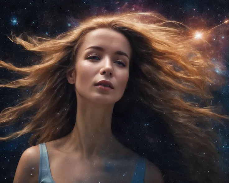 enokaeva, <lora:EnokaevaXL2:1>, woman, head only, no body, floating in the universe, glowing hair,  long hair, floating hair, messy hair, looking at the viewer, meaningfull expression, smirk, space, universe, stars, shooting stars, star rain, planets, milk...