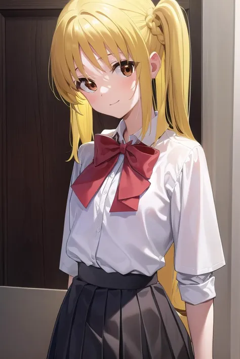 nijikaijichi, <lyco:nijikaijichi-lyco-nochekaiser:1>, 
nijika ijichi, ahoge, (yellow hair:1.5), (brown eyes:1.5), long hair, one side up, (flat chest:1.2), smile,
BREAK (black skirt:1.5), bow, bowtie, collared shirt, pleated skirt, polka dot, polka dot bow...