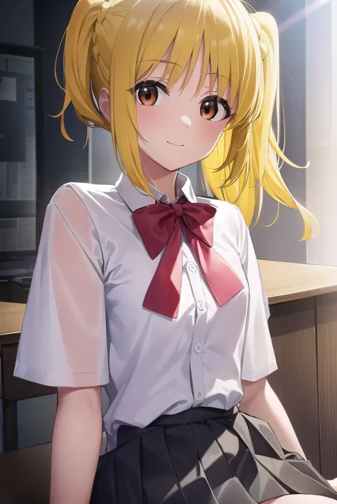 nijikaijichi, <lyco:nijikaijichi-lyco-nochekaiser:1>, 
nijika ijichi, ahoge, (yellow hair:1.5), (brown eyes:1.5), long hair, one side up, (flat chest:1.2), smile,
BREAK (black skirt:1.5), bow, bowtie, collared shirt, pleated skirt, polka dot, polka dot bow...