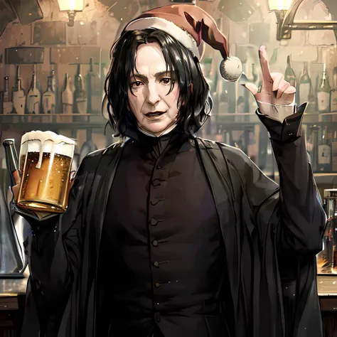 (Severus Snape:1.1),(Santa hat:1.1),(red hat:1.1),((crazy laugh:1.2)),happy,((holding_beer:1.1)),upper body,(bar:1.1),close-up,indoor,robe,<lora:snape_v1.0:1>,